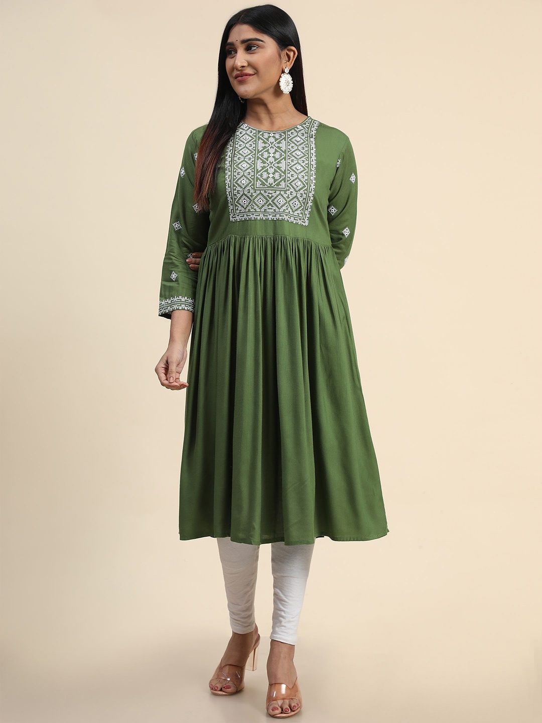 

KALINI Ethnic Motifs Embroidered With Gathers A-line Kurta, Green