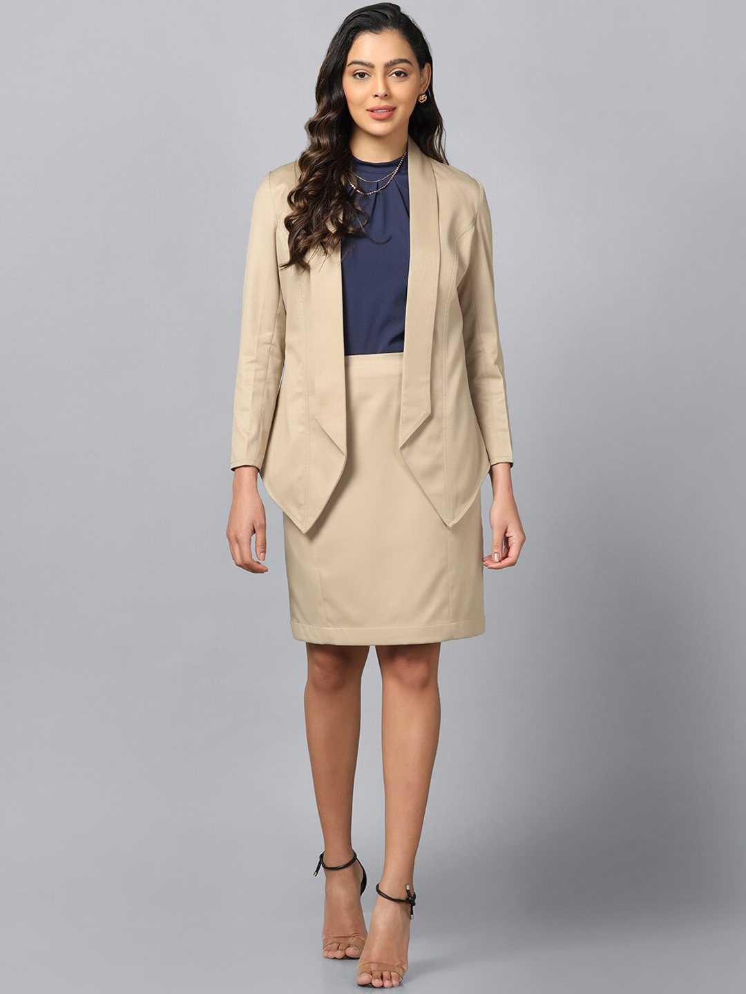 

PowerSutra Open-Front Shawl Collar Formal Blazer, Beige