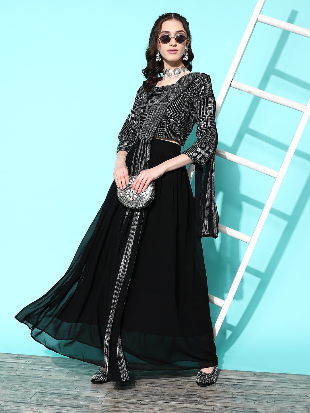 

Kvsfab Embroidered Sequinned Ready to Wear Lehenga & Blouse With Dupatta, Black