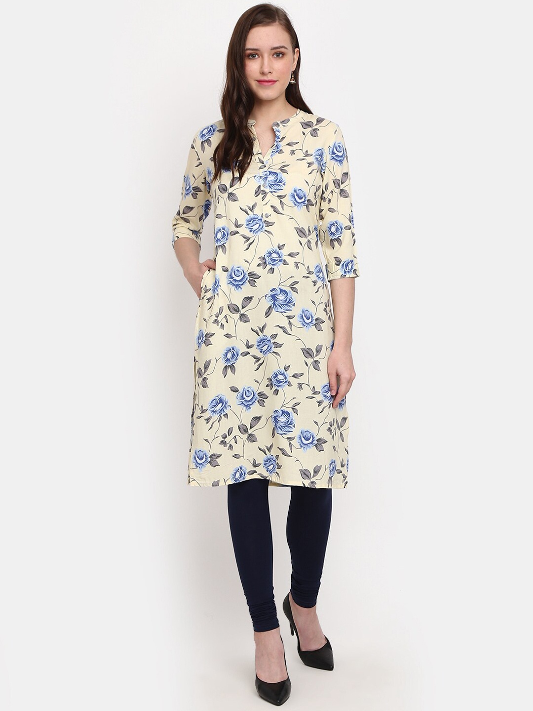 

V-Mart Floral Printed Mandarin Collar Regular Kurta, Cream