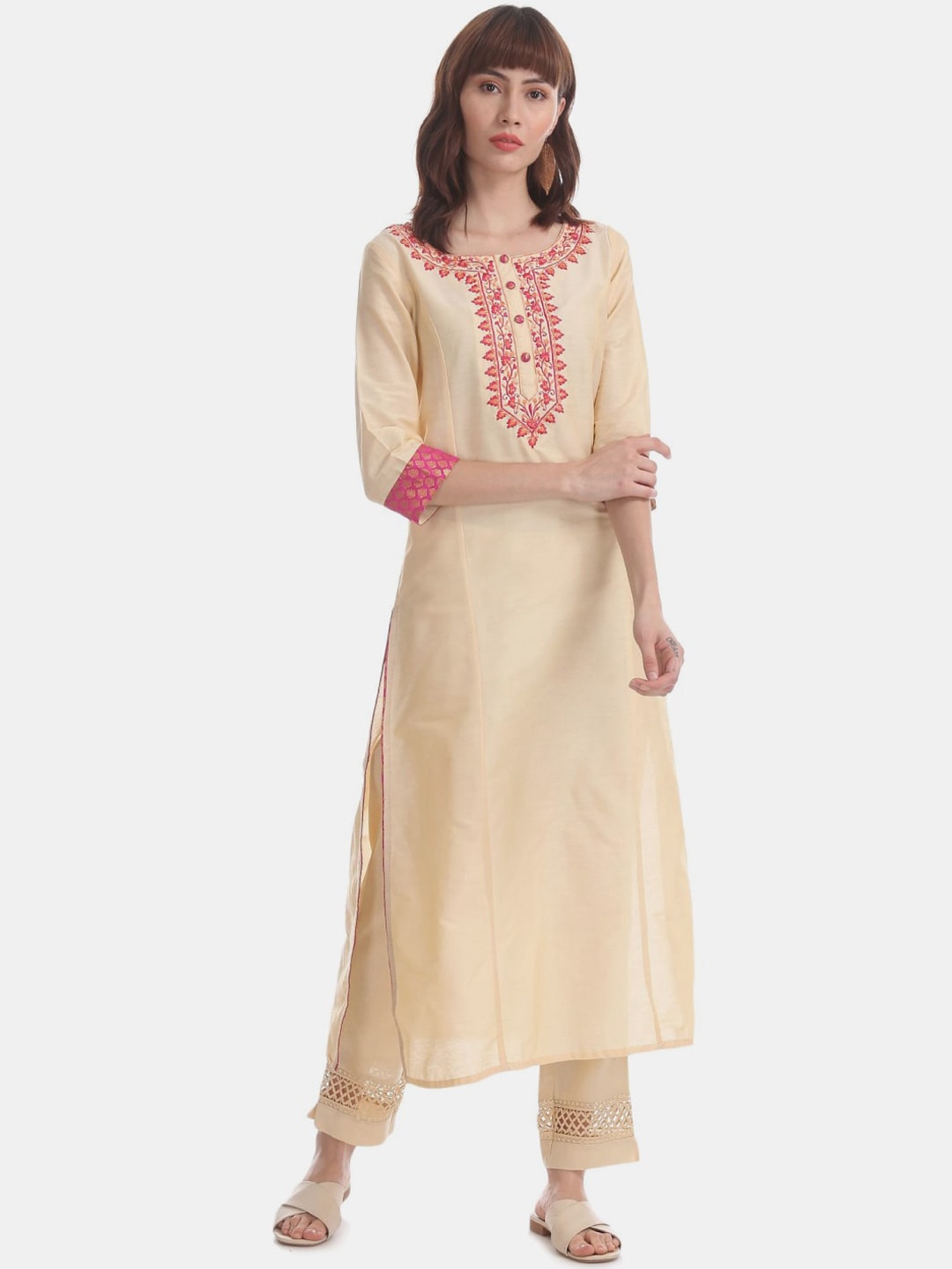 

V-Mart Yoke Embroidered Cotton Straight Kurta, Beige