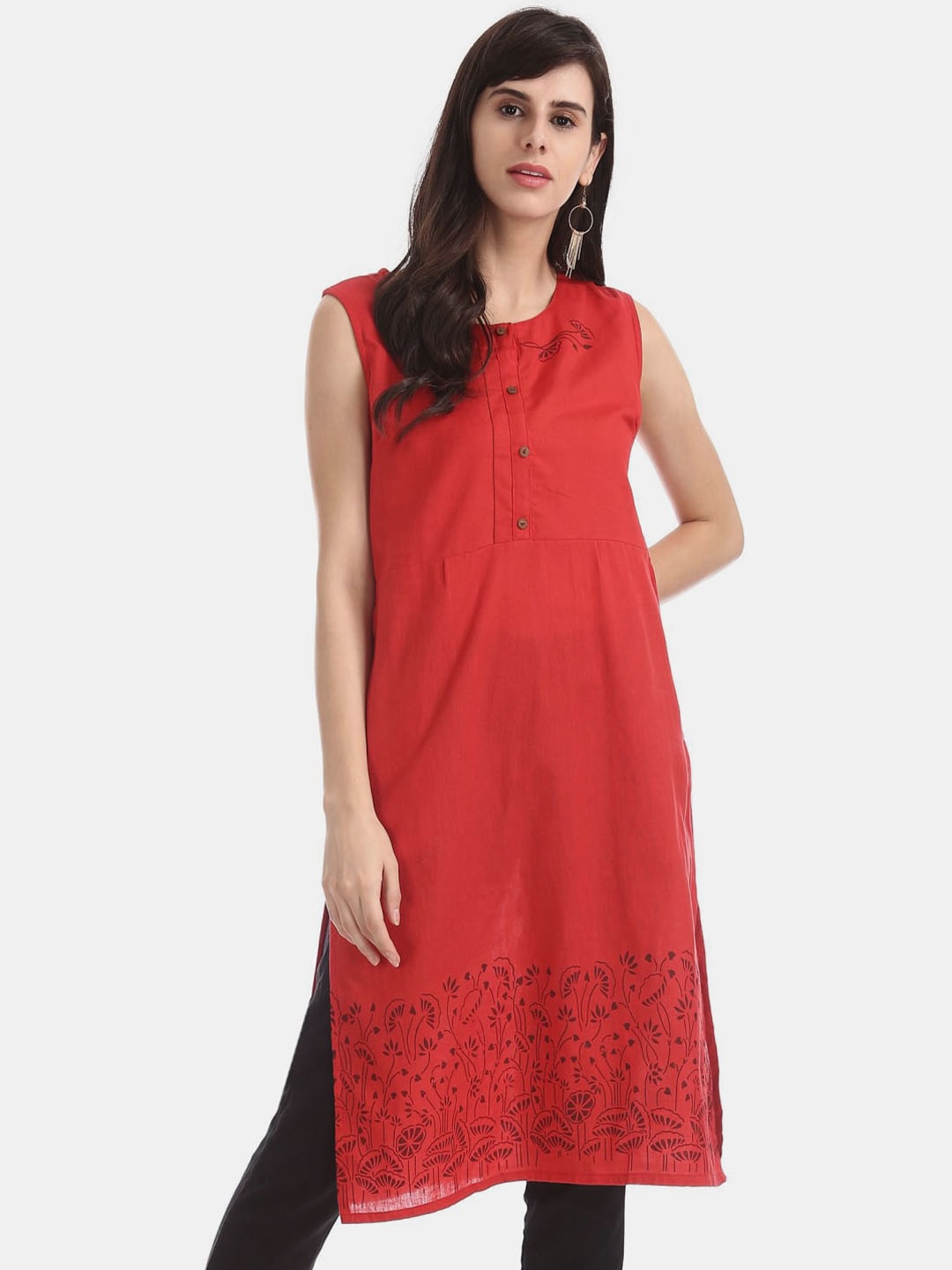 

V-Mart Floral Printed Round Neck Kurta, Red