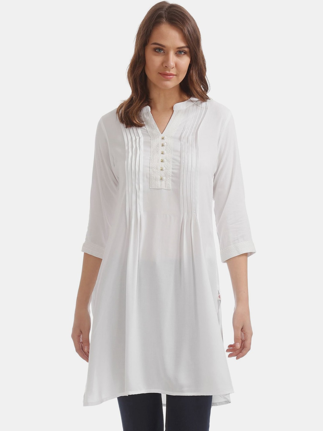 

V-Mart Women Mandarin Collar A-Line Pleated Kurta, White