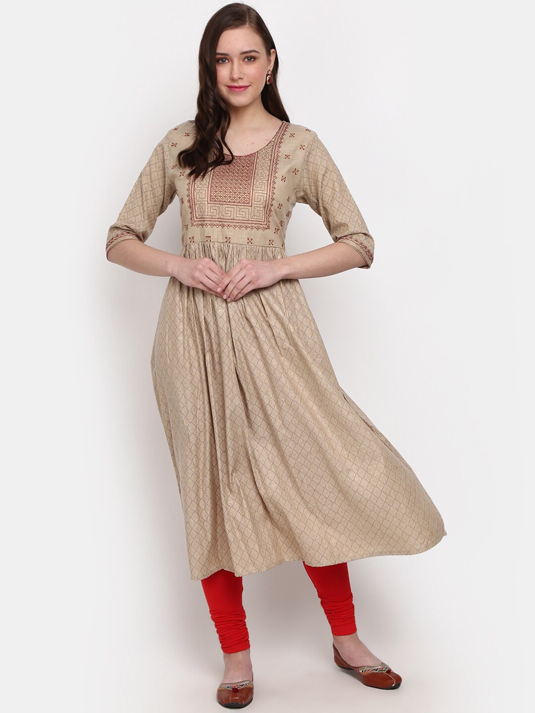 

V-Mart Ethnic Motifs Printed Sequinned Kurta, Beige