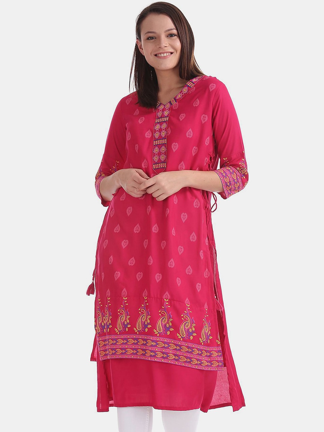 

V-Mart Ethnic Motifs Printed Thread Work Layered Cotton Kurta, Pink