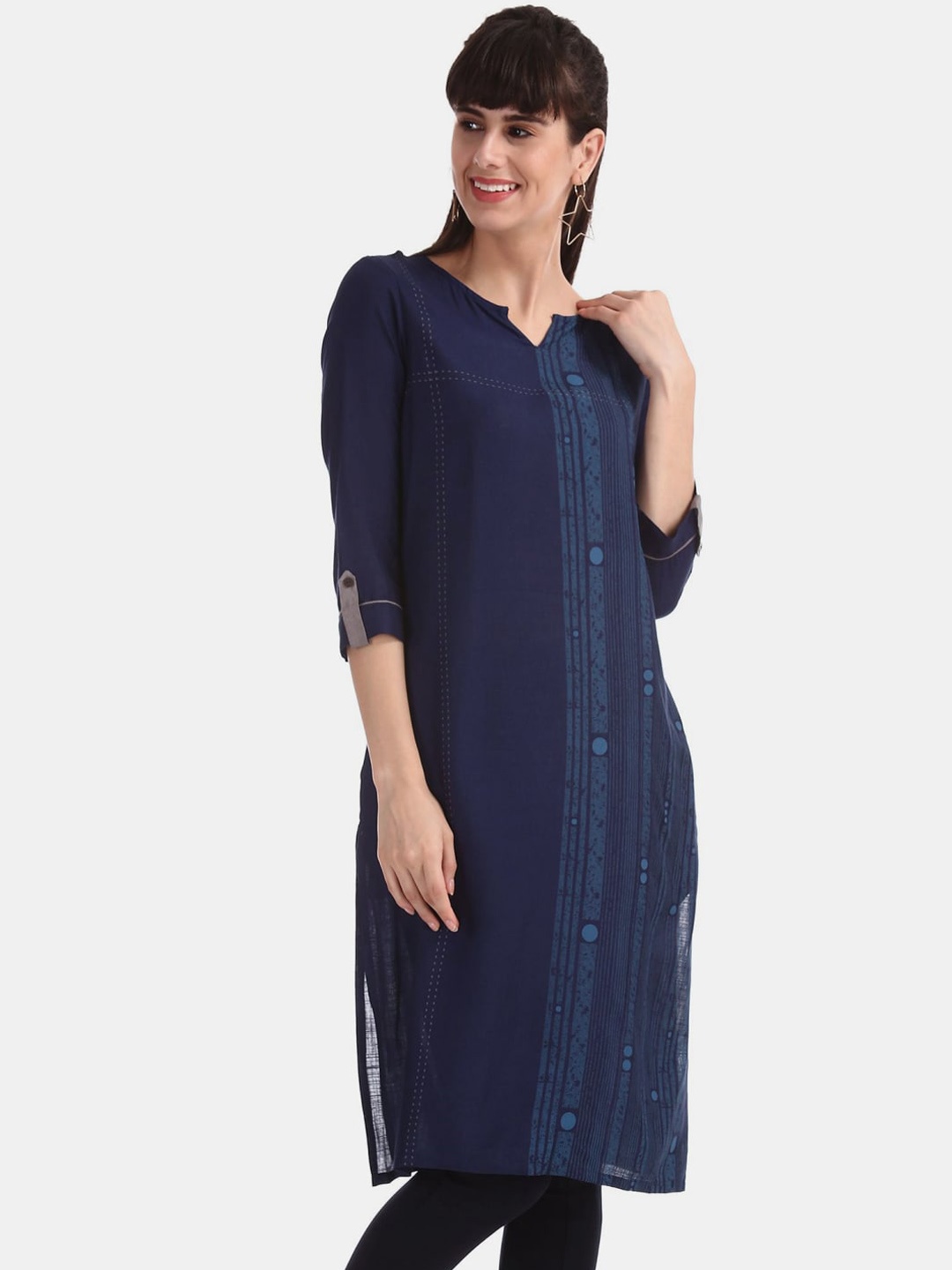 

V-Mart Women Striped Roll-Up Sleeves Straight Kurta, Blue