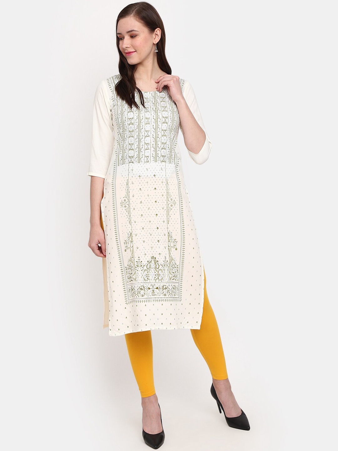 

V-Mart Floral Printed Beads And Stones Kurta, Off white