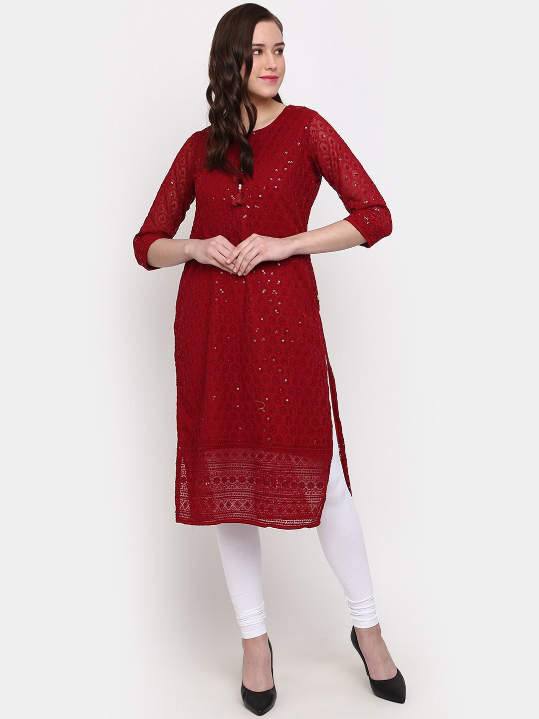 

V-Mart Ethnic Motifs Embroidered Sequined Cotton Kurta, Red