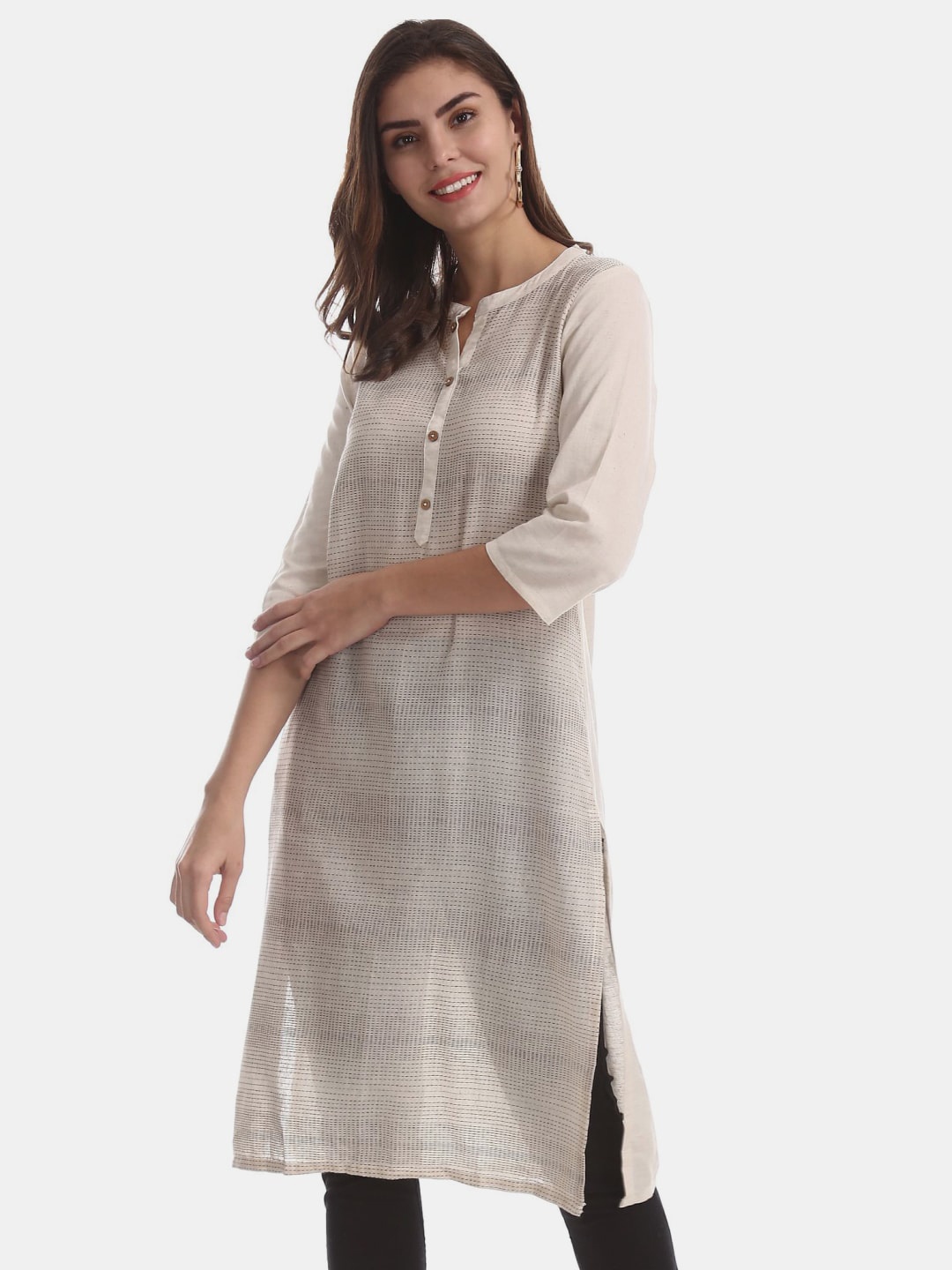 

V-Mart Striped Band Collar Straight Kurta, Off white