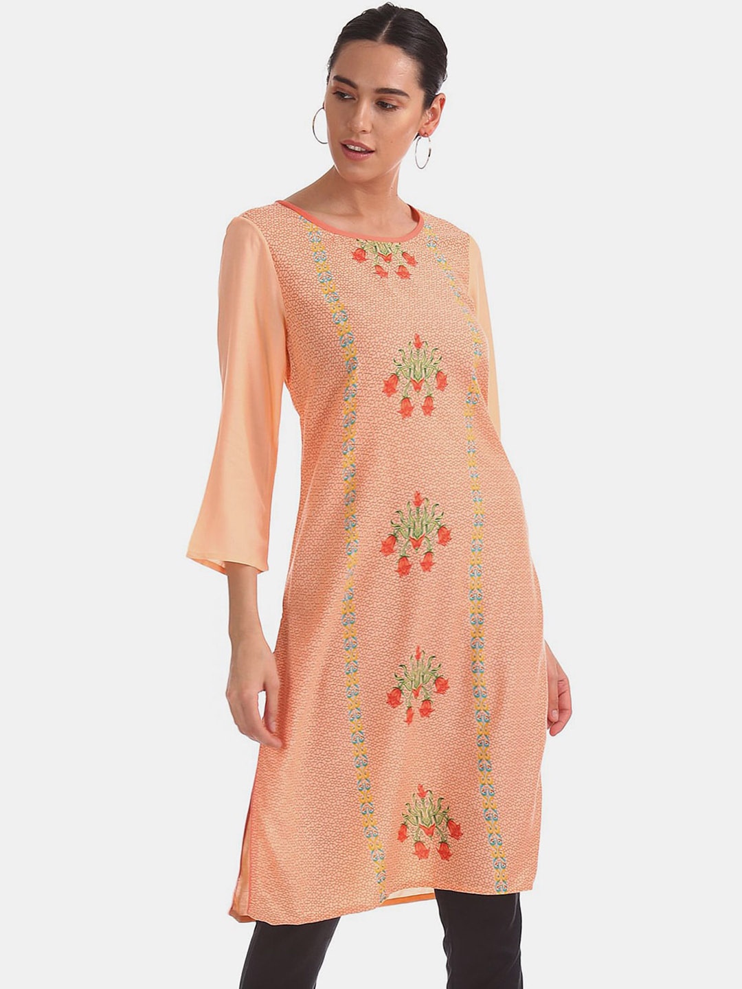 

V-Mart Floral Printed Round Neck Kurta, Orange