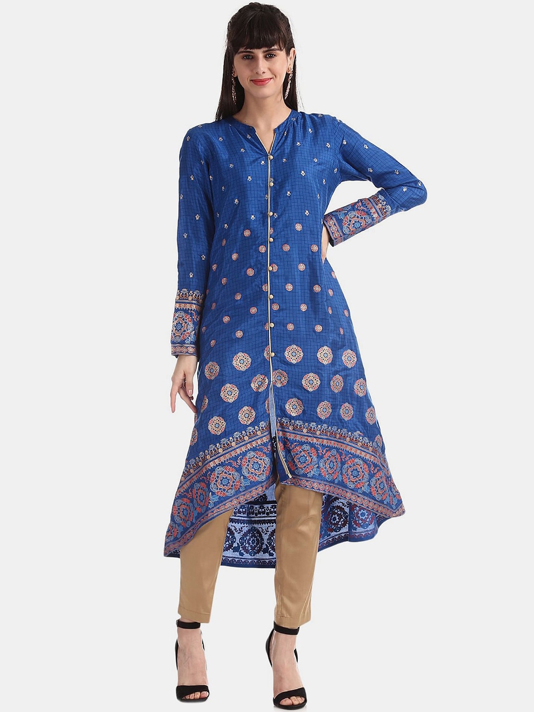 

V-Mart Mandarin Collar High Low Ethnic Motifs Printed Kurta, Blue