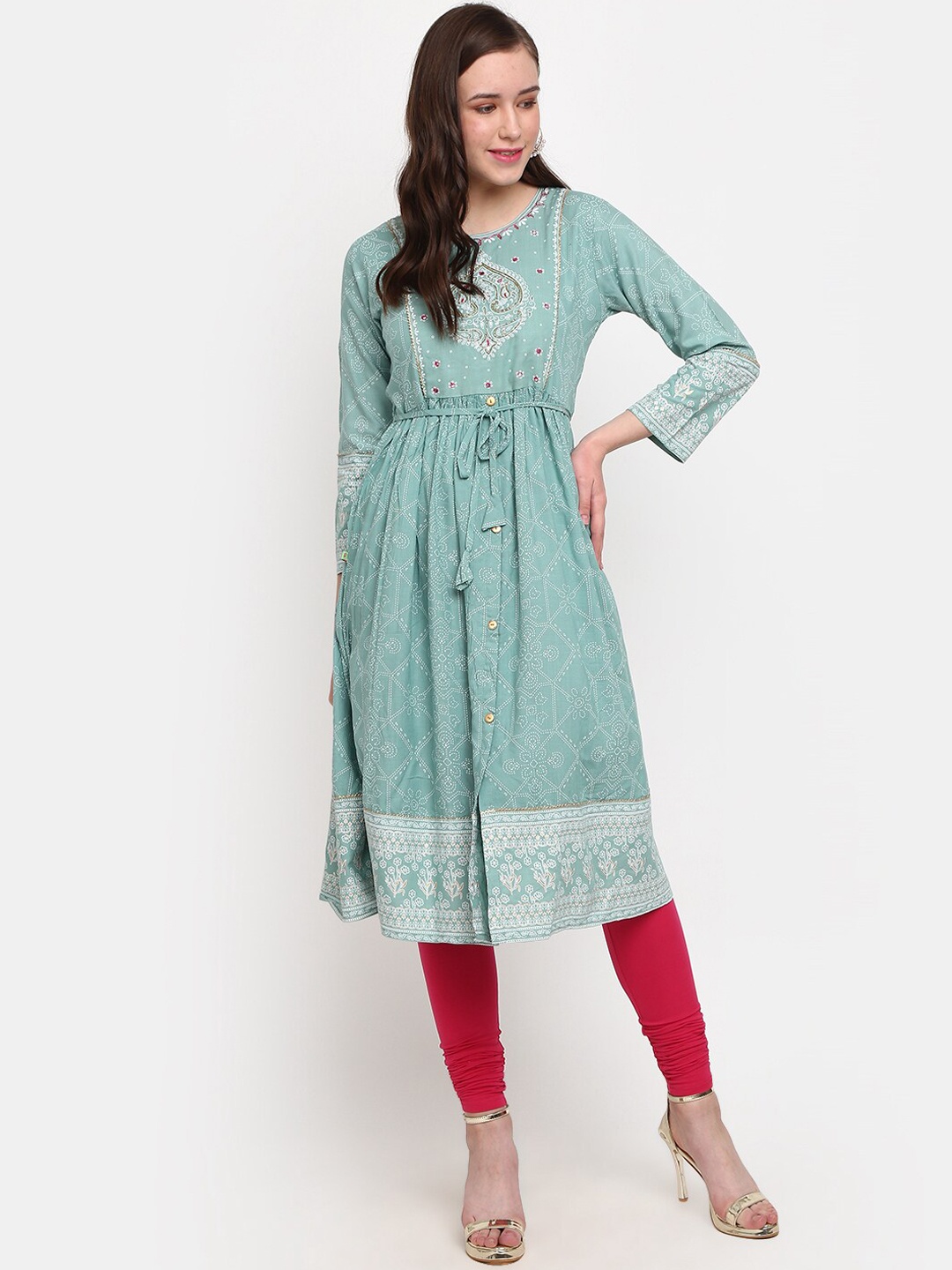 

V-Mart Ethnic Motifs Printed Embellished Waist Tie-Up Detail Kurta, Green