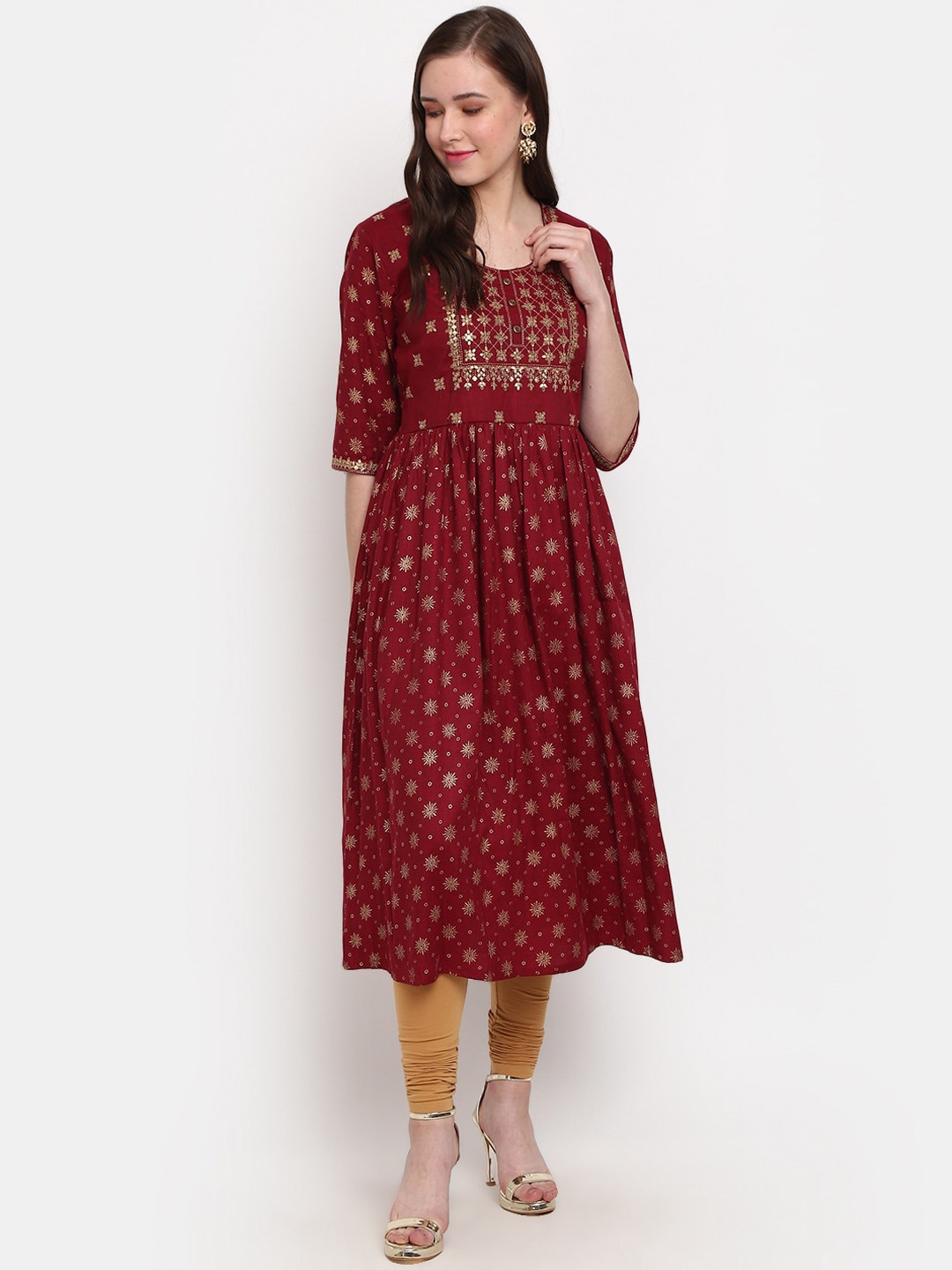 

V-Mart Ethnic Motifs Printed Sequined Anarkali Kurta, Maroon