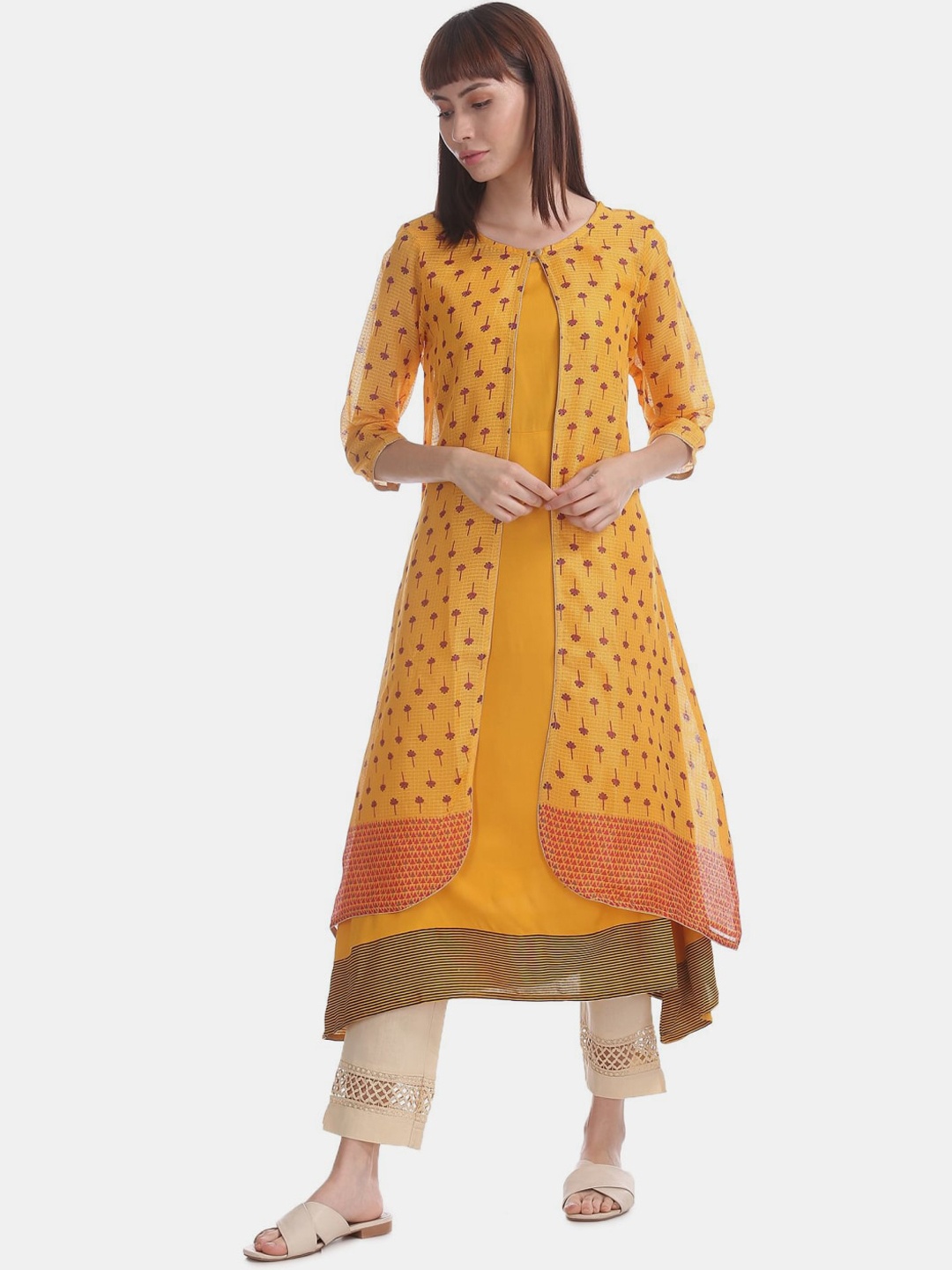 

V-Mart Ethnic Motifs Printed Pure Cotton Kurta, Yellow