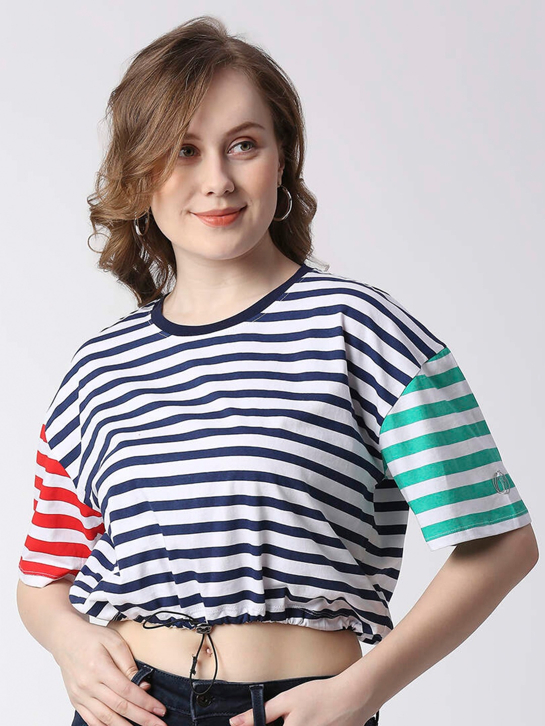 

Pepe Jeans Striped Drop-Shoulder Sleeves Crop Cotton T-shirt, White