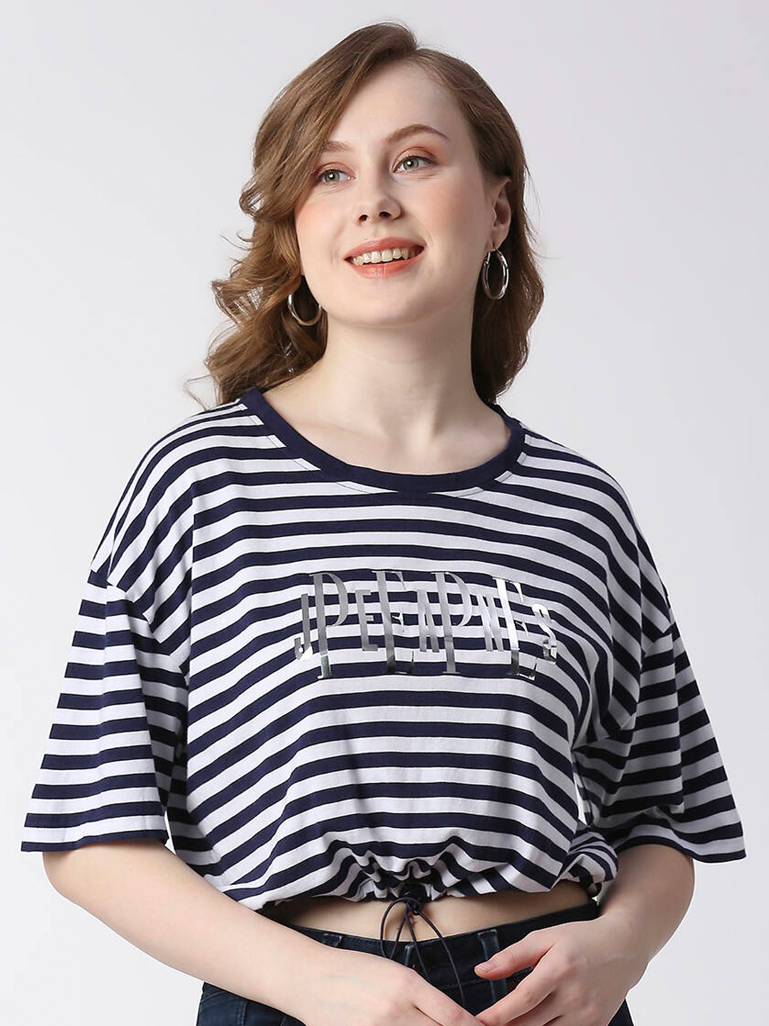 

Pepe Jeans Striped Drop-Shoulder Sleeves Crop Cotton T-shirt, Navy blue