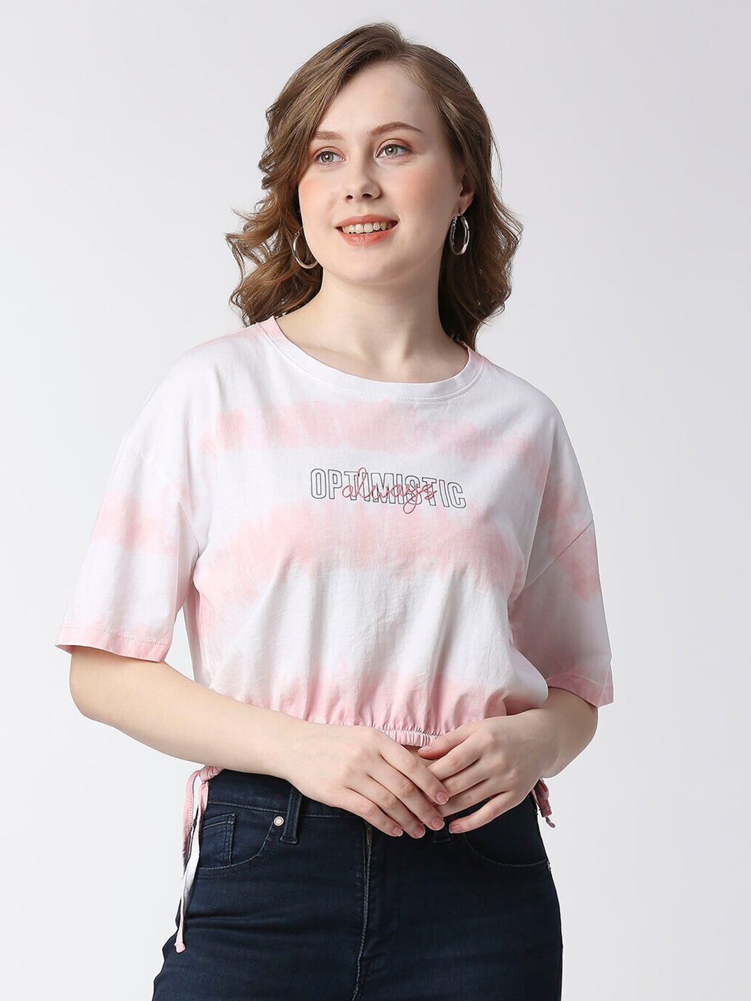 

Pepe Jeans Typography Printed Tie And Dyed Drop-Shoulder Sleeves Crop Cotton T-shirt, Pink