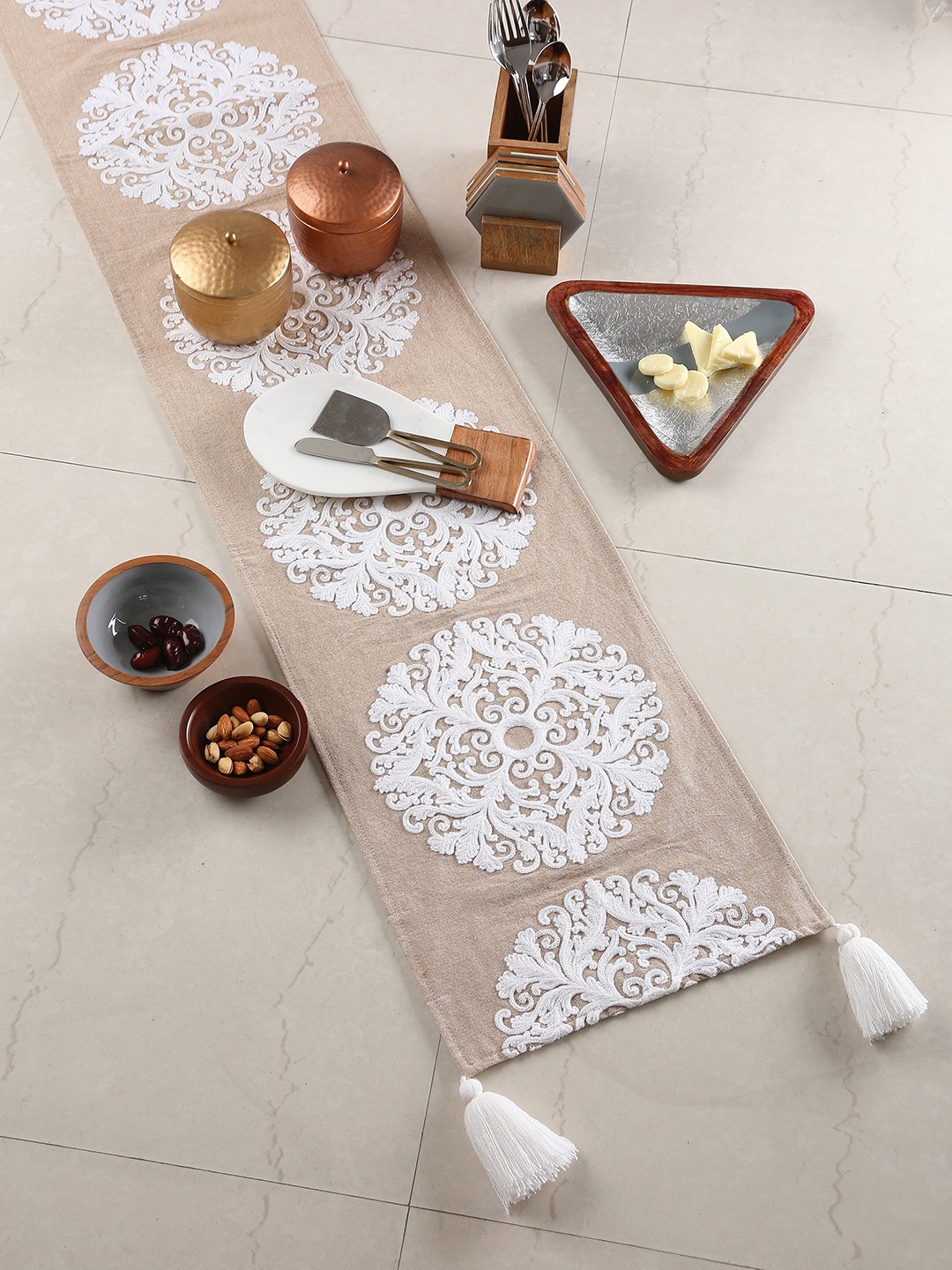 

Amoliconcepts Elegant Beige & White Embroidered Cotton Table Runner
