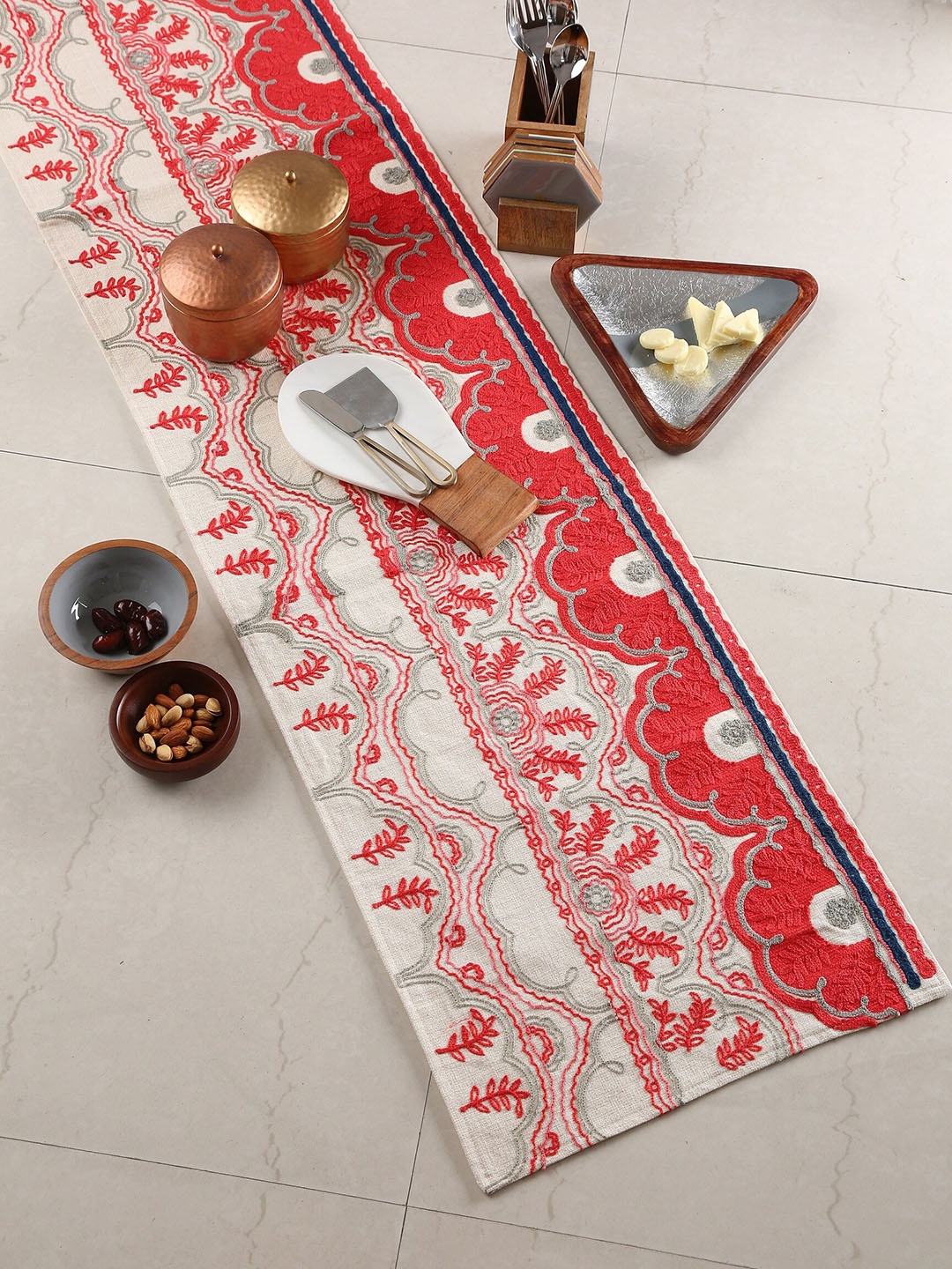 

Amoliconcepts Elegant Off White & Red Embroidered Pure Cotton table Runner