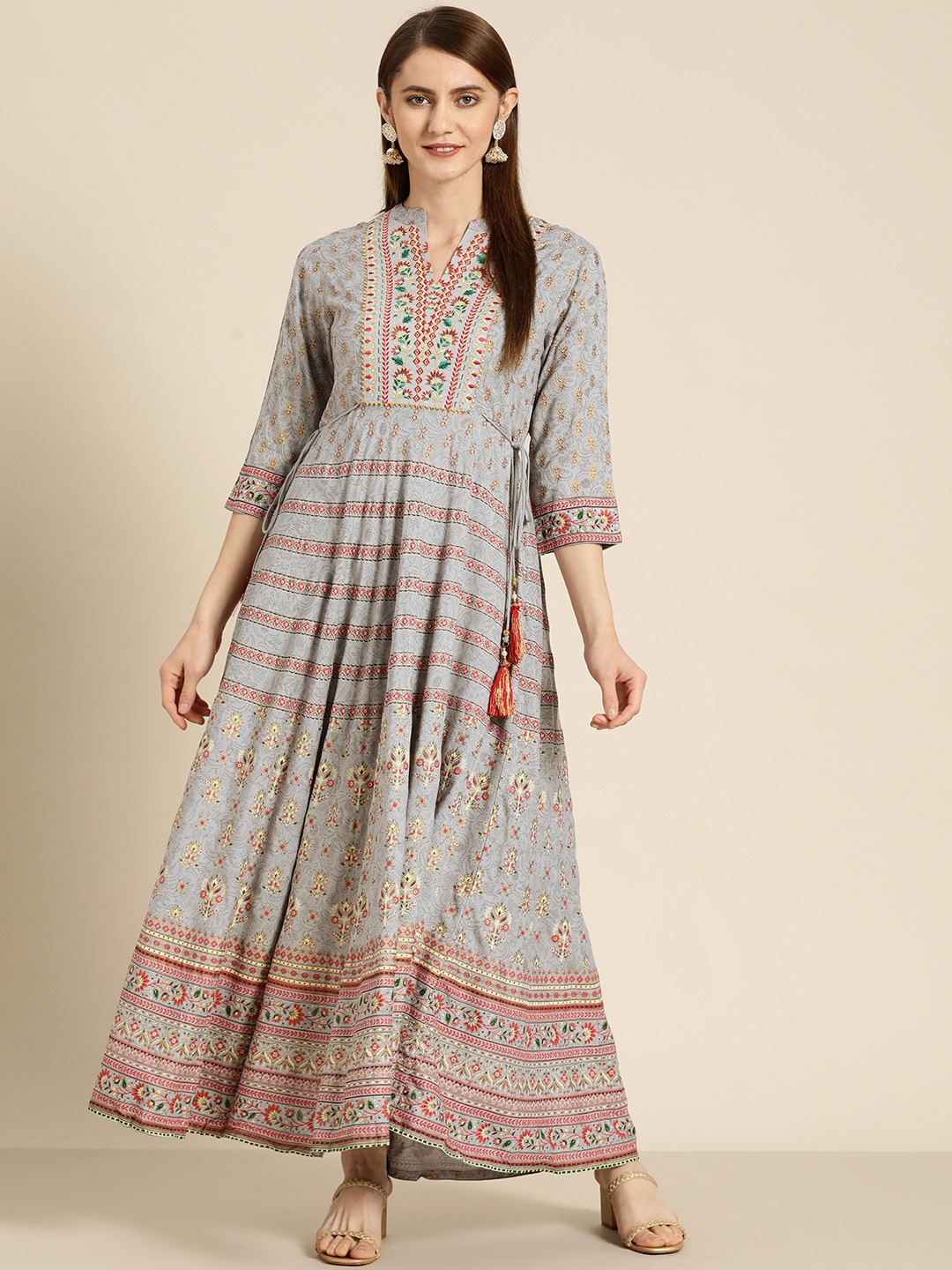 

Juniper Grey & Green Floral Embroidered Flared Maxi Dress