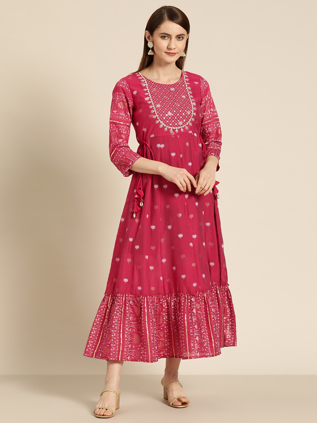 

Juniper Embroidered Midi Ethnic Dress With Tie-Up Detail, Fuchsia