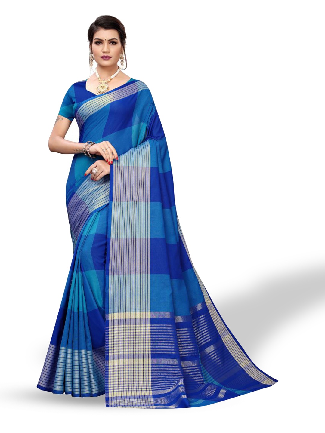 

SAADHVI Checked Silk Cotton Saree, Blue