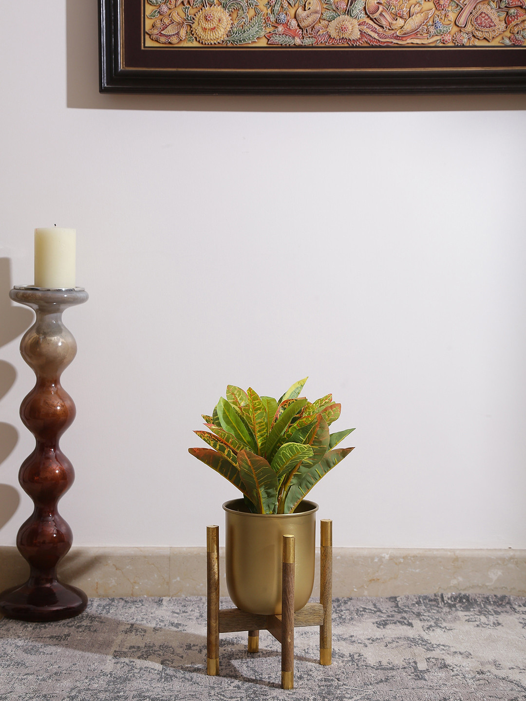

Amoliconcepts Gold-Toned & Brown Metal On Wooden Stand Brass Finish Planter