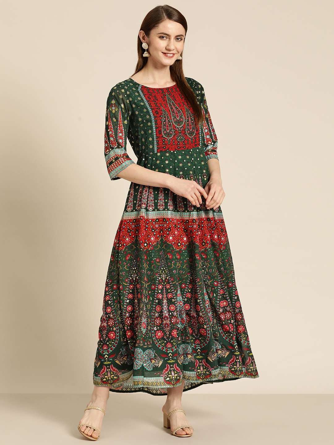 

Juniper Georgette Embroidered Printed Maxi Ethnic Dress, Green