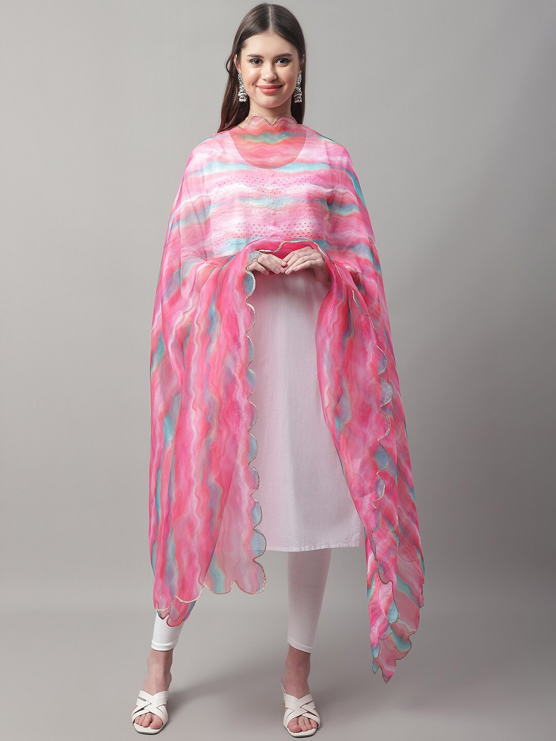 

LOOM LEGACY Printed Organza Dupatta, Pink