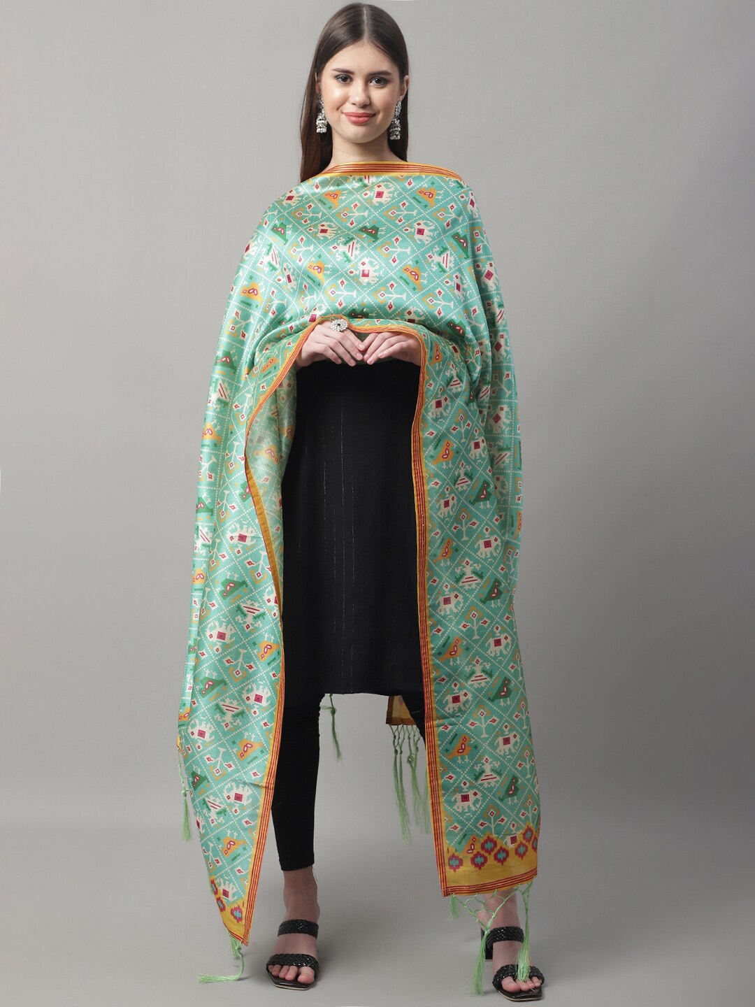 

LOOM LEGACY Ethnic Motifs Printed Ikat Dupatta, Turquoise blue