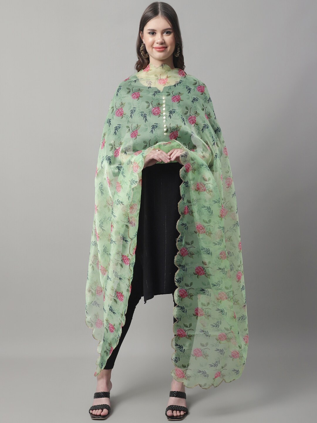 

LOOM LEGACY Floral Printed Organza Dupatta, Green