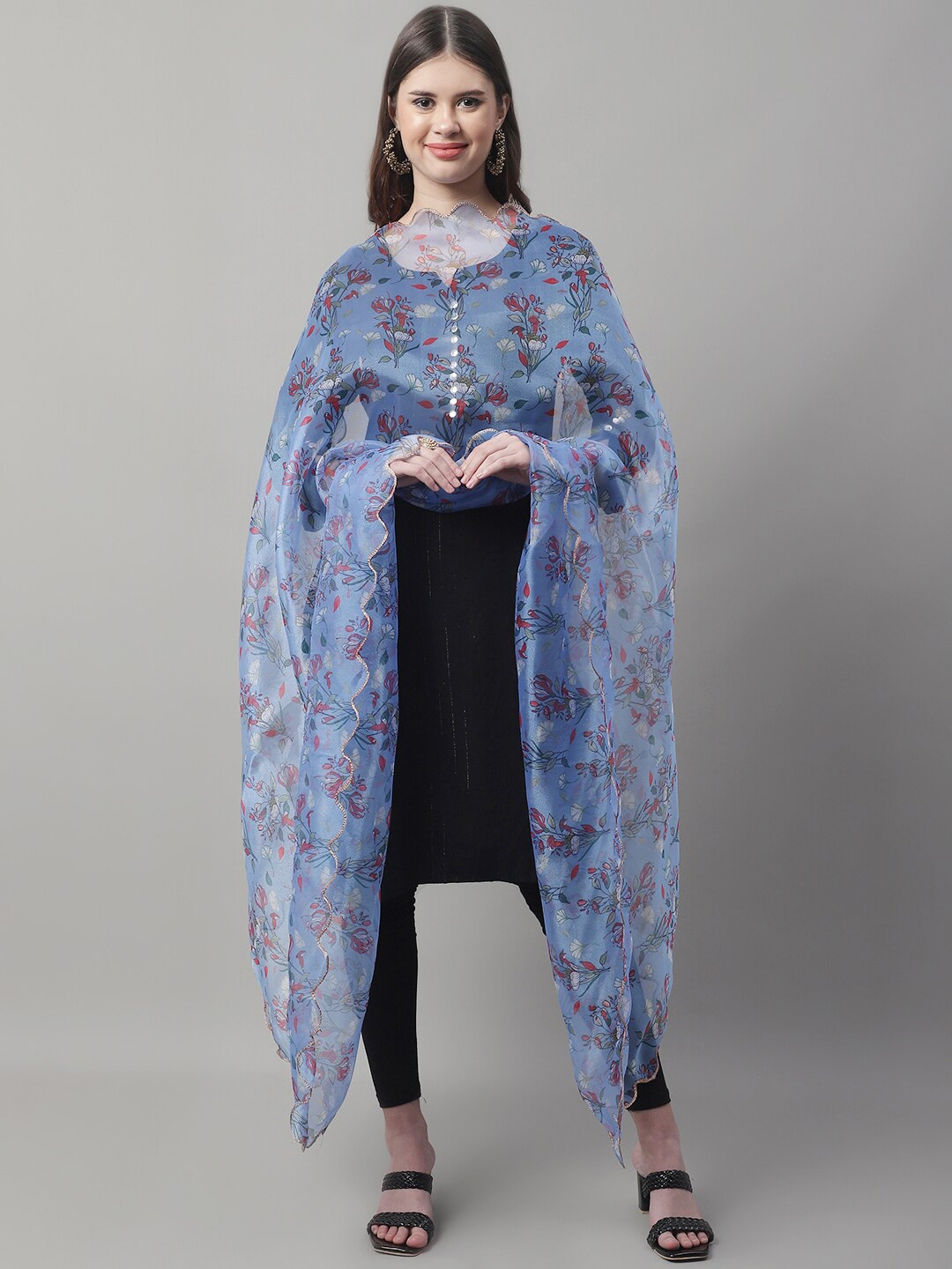 

LOOM LEGACY Floral Printed Organza Taping Border Dupatta, Blue