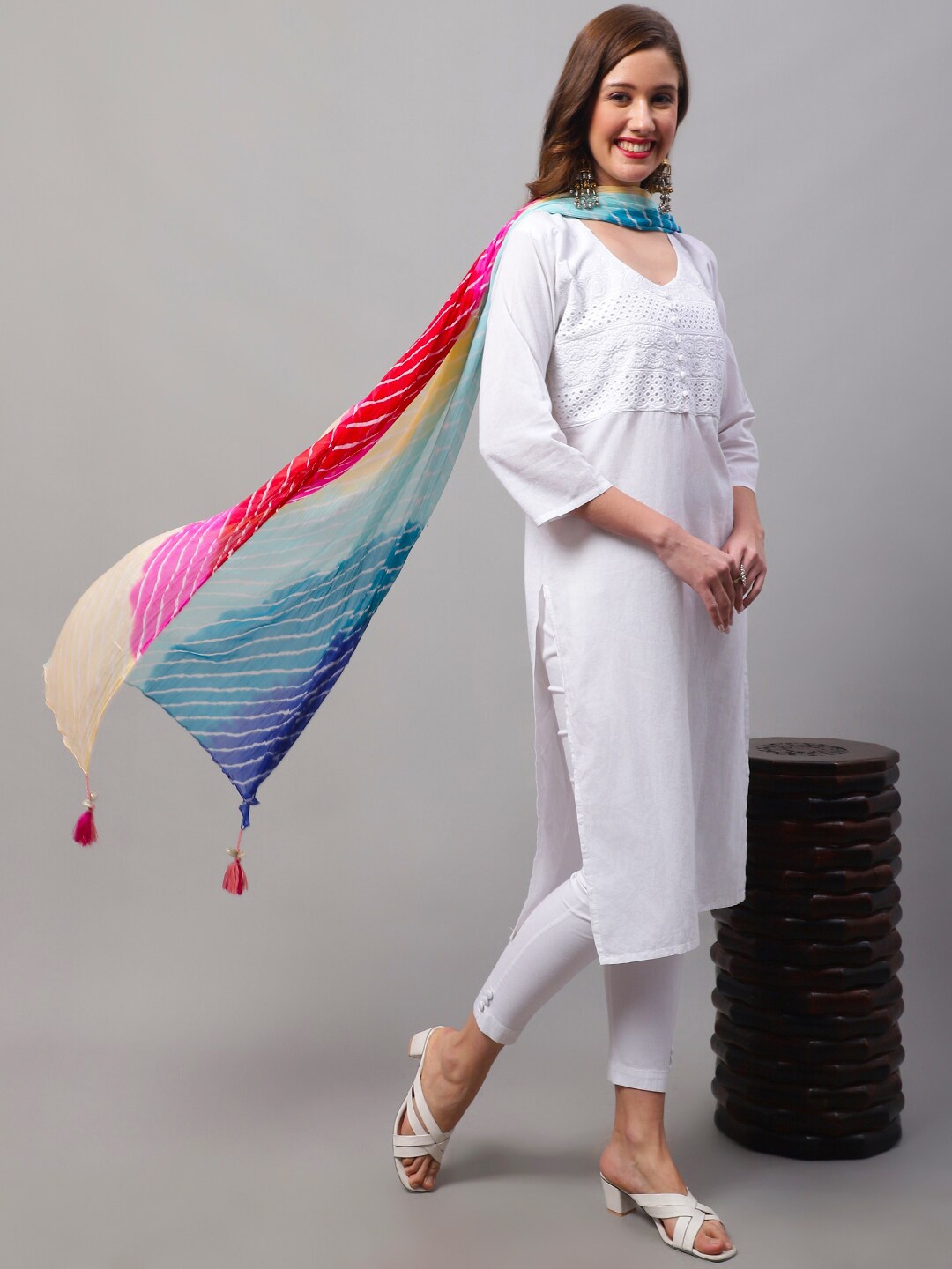 

LOOM LEGACY Leheriya Printed Tasselled Border Dupatta, Blue