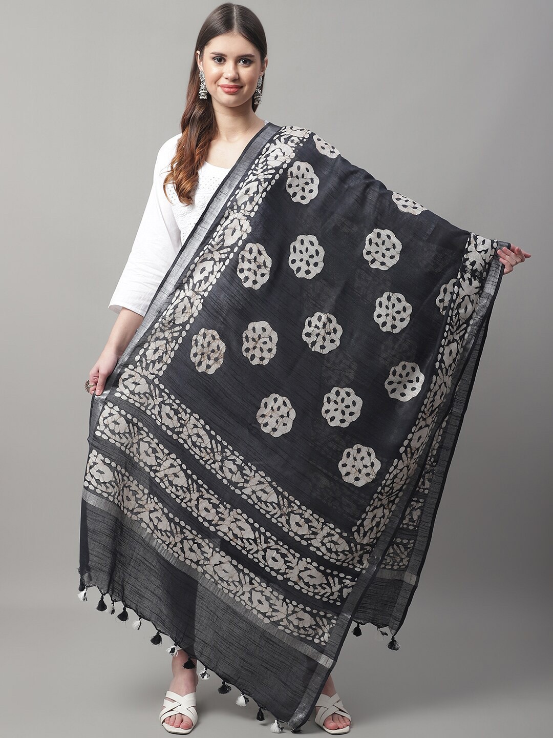 

LOOM LEGACY Ethnic Motifs Woven Design Cotton Silk Dupatta, Black