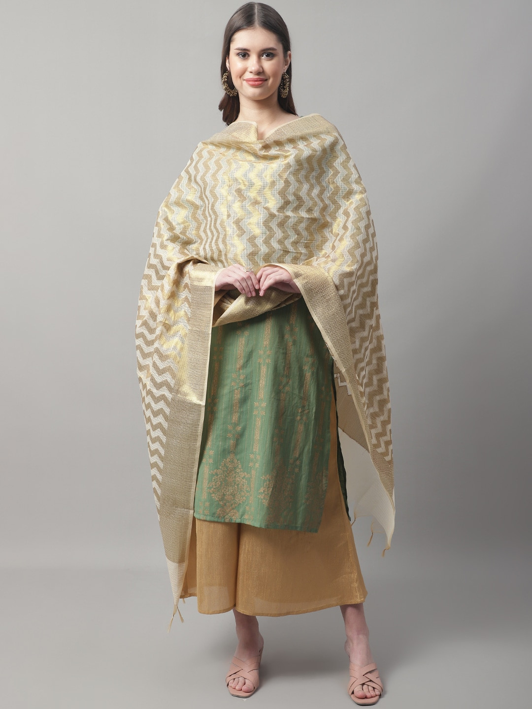 

LOOM LEGACY Woven Design Cotton Silk Dupatta, Gold