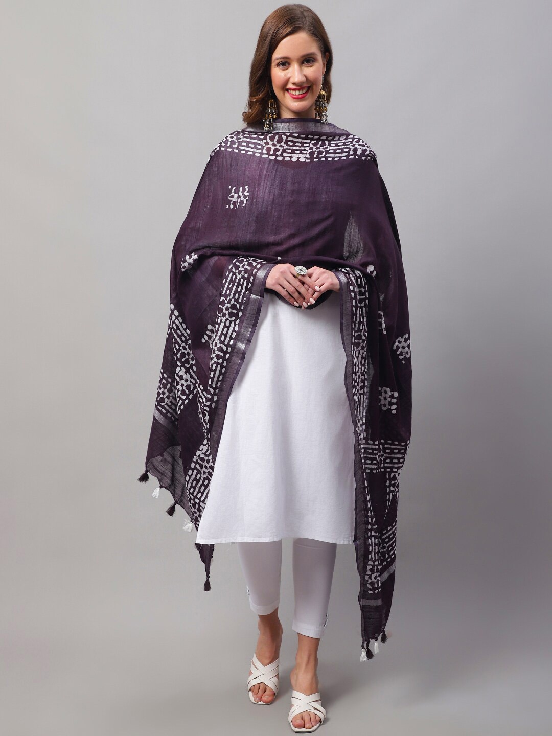 

LOOM LEGACY Ethnic Motifs Printed Cotton Silk Dupatta, Purple