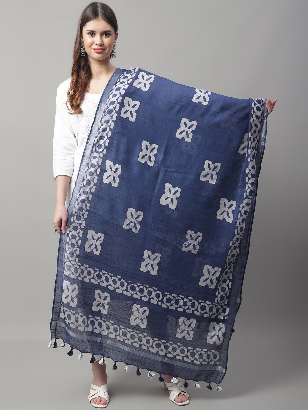 

LOOM LEGACY Ethnic Motifs Printed Cotton Silk Dupatta, Blue