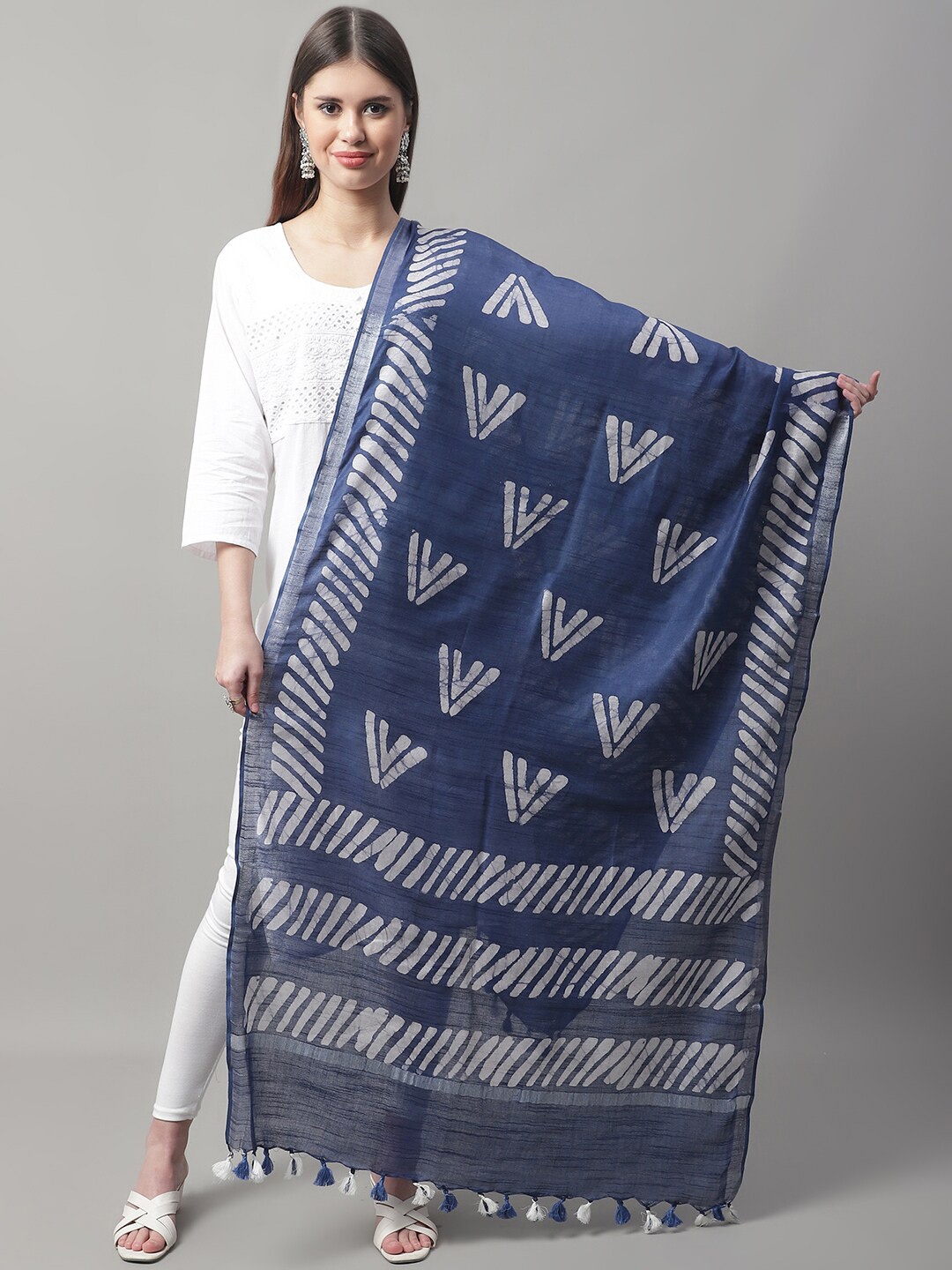

LOOM LEGACY Ethnic Motifs Printed Cotton Silk Dupatta, Blue