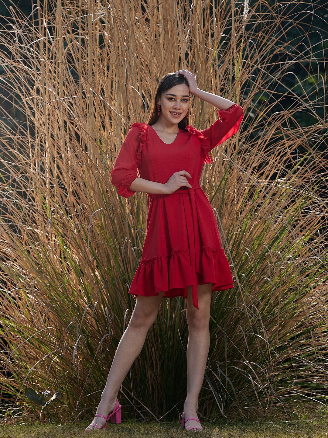 

Athena Scuba V-Neck Puff Sleeves Ruffle A-Line Dress, Red