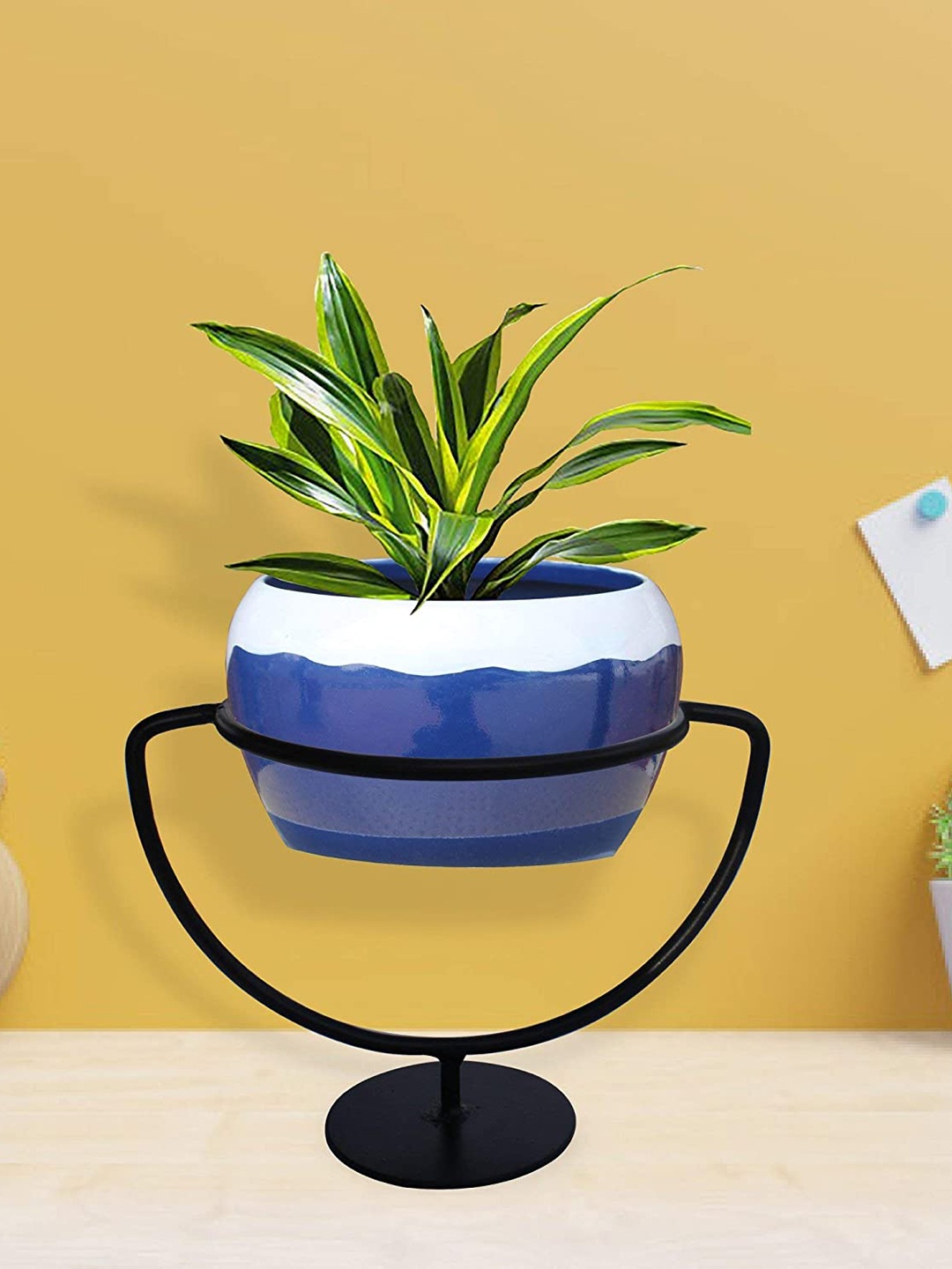 

TRUSTBASKET Blue & White Colourblocked Metal Trophy Plant Stand With Bowl, Black