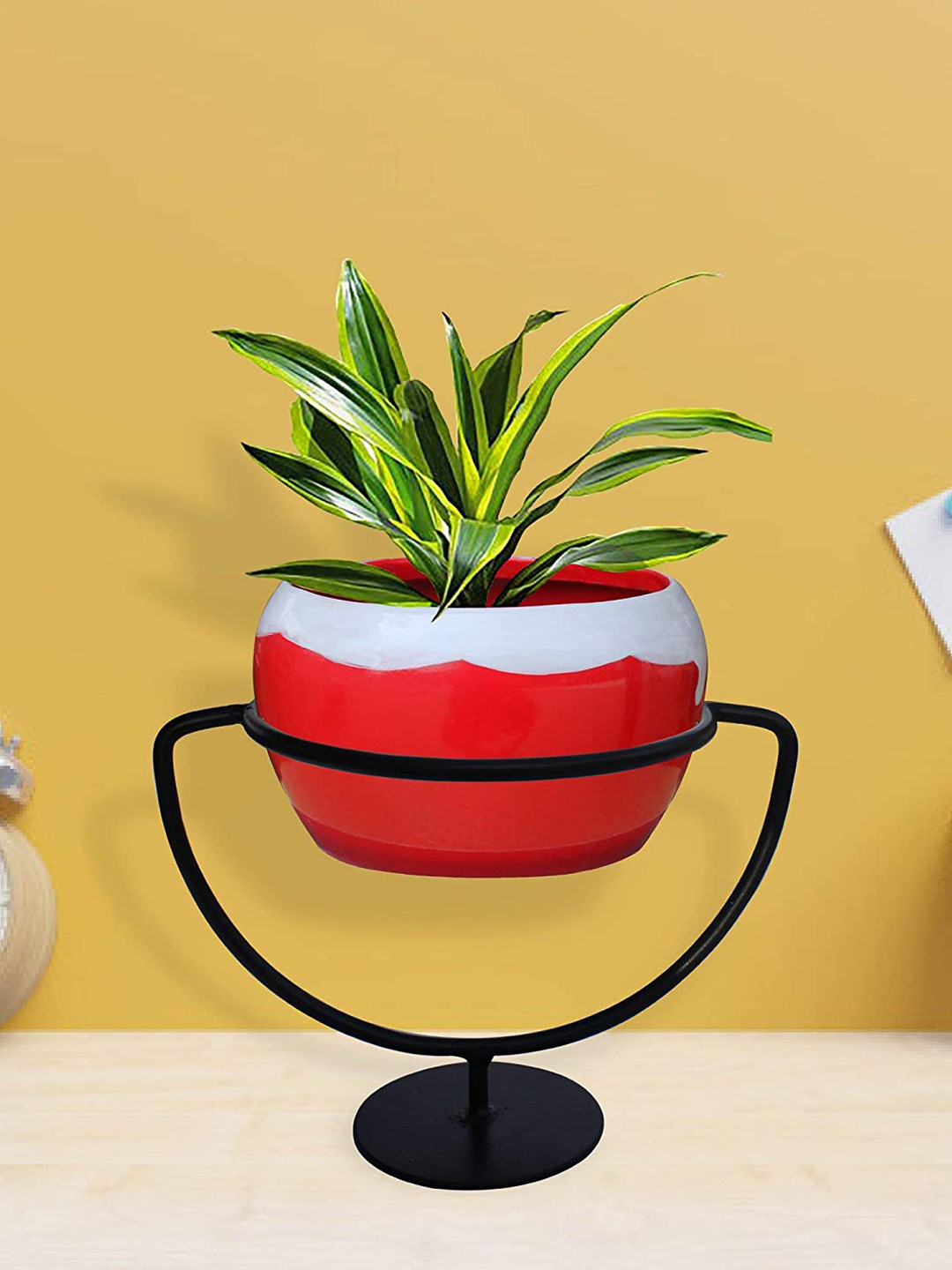 

TRUSTBASKET Black & Red Printed Ceramic Planter With Metal Stand, Multi