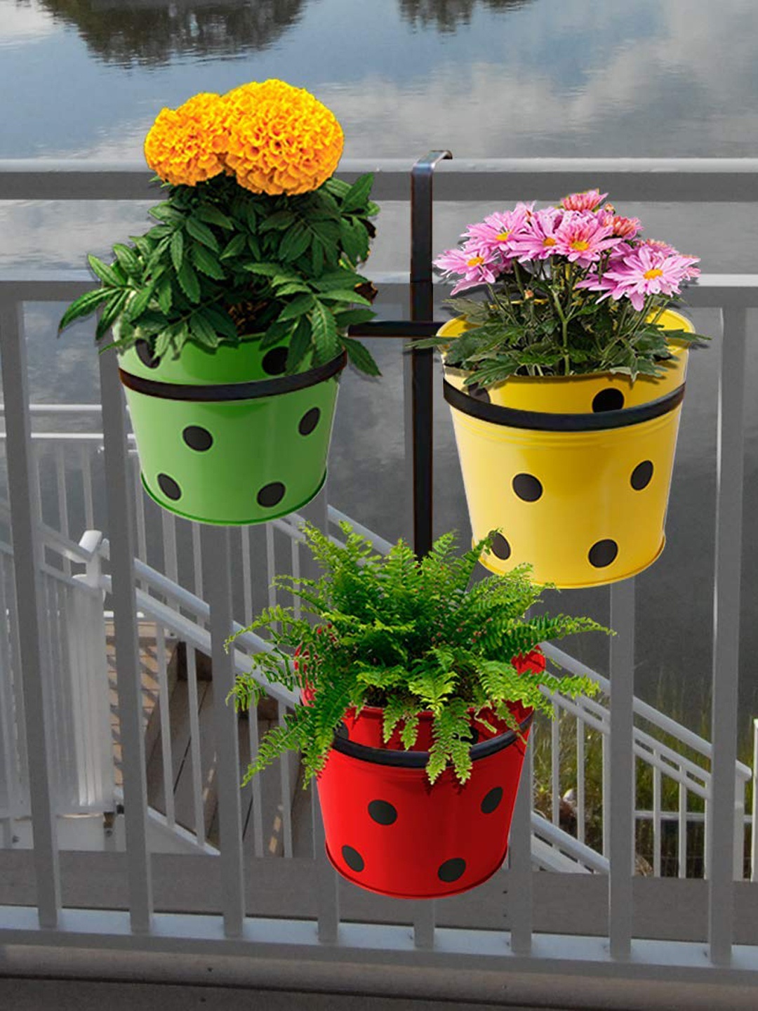 

TRUSTBASKET 3-Pcs Black & Green Printed Round Planters With Triangle Pot Stand