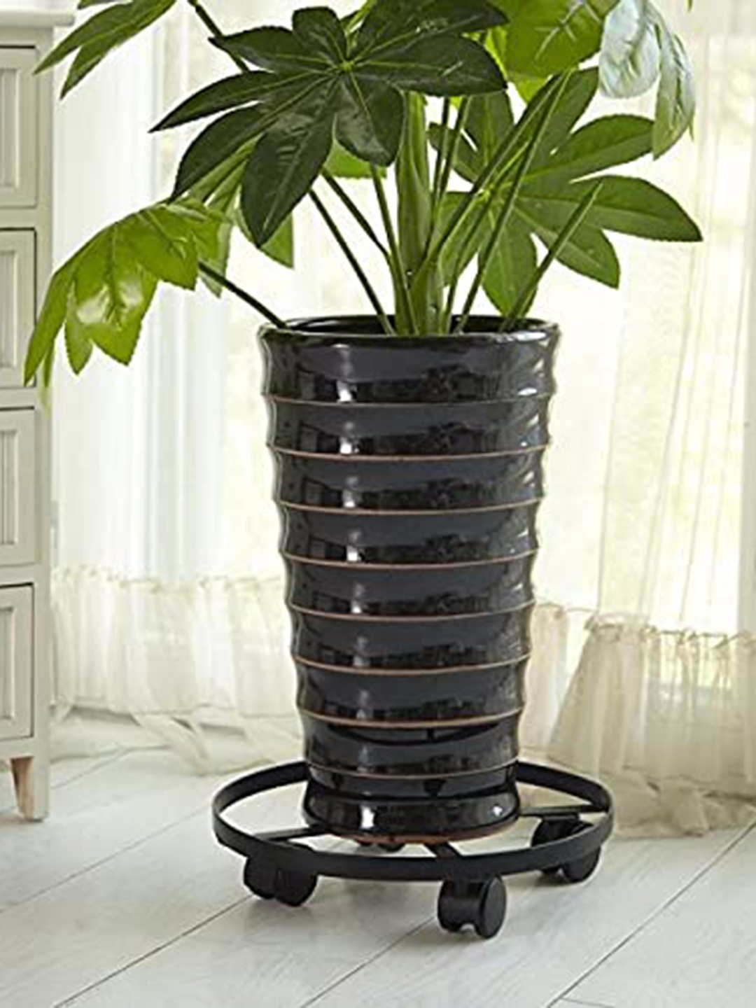 

TRUSTBASKET Wrought Black 2 Pieces Iron Wheels Plant Pot Stands