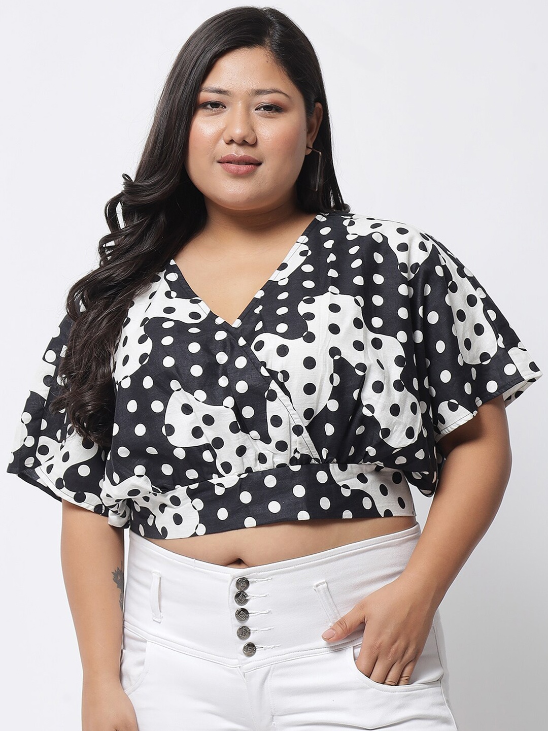 

BEYOUND SIZE - THE DRY STATE Plus Size Polka Dots Printed Cotton Wrap Crop Top, Black