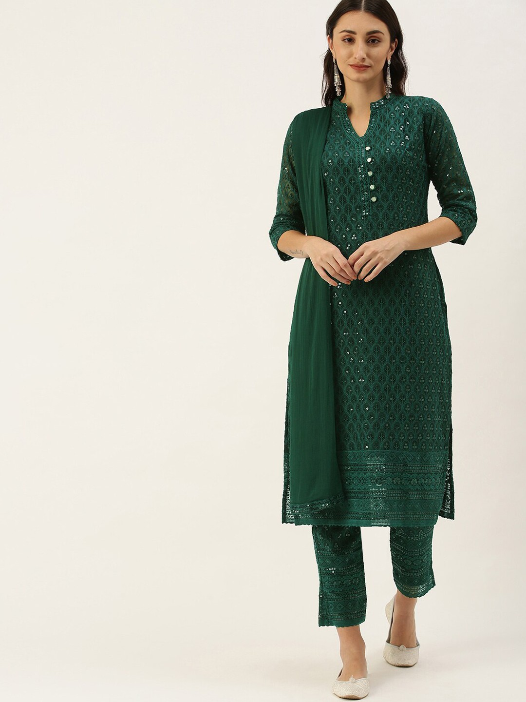 

SWAGG INDIA Ethnic Motifs Embroidered Sequined Kurta with Trousers & Dupatta, Green