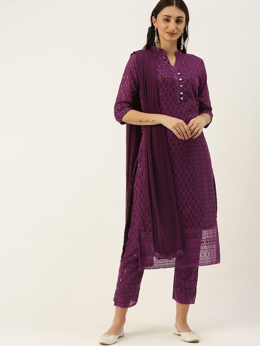 

SWAGG INDIA Ethnic Motifs Embroidered Sequined Georgette Kurta with Trousers & Dupatta, Purple