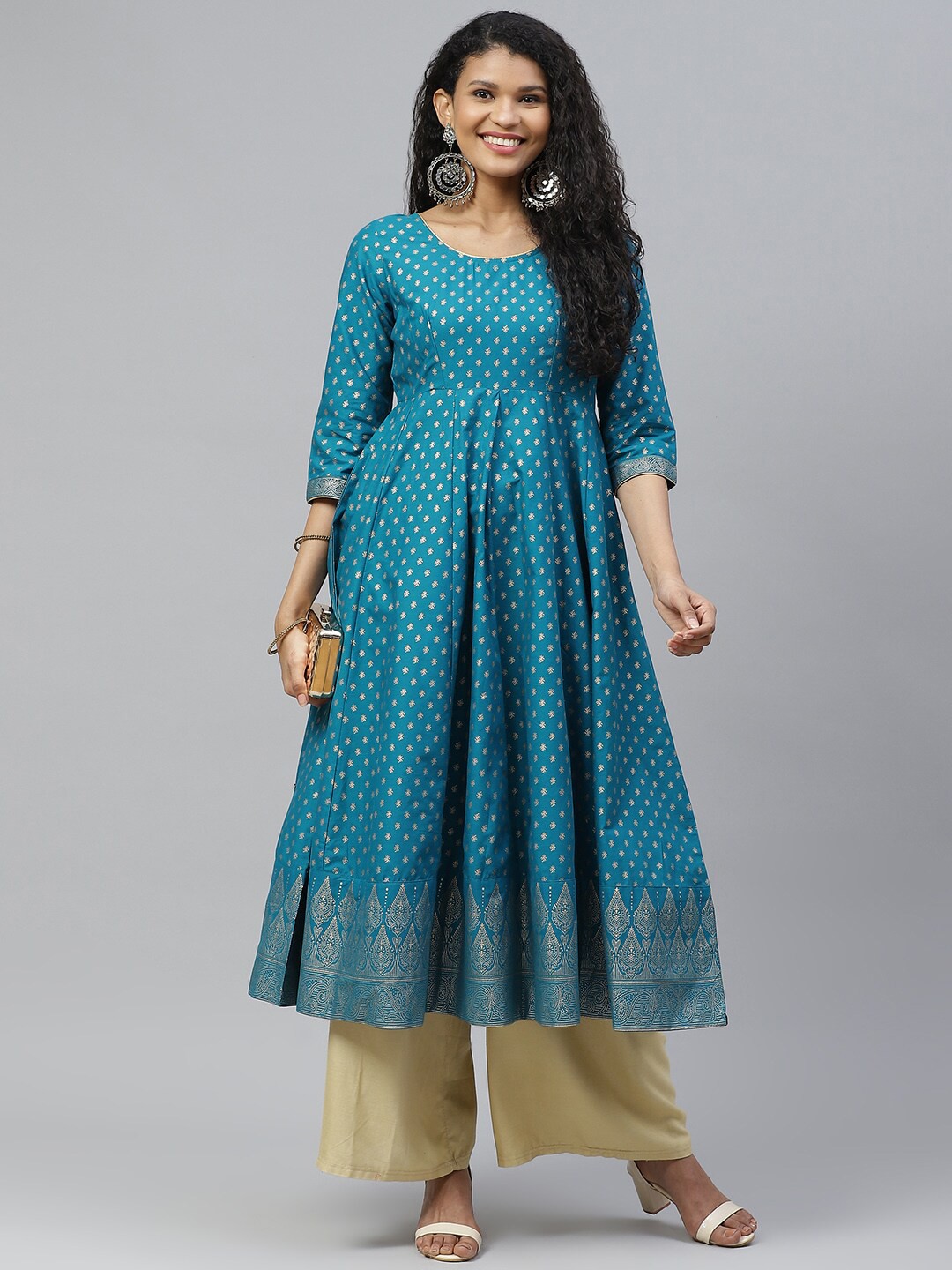

Poshak Hub Ethnic Motifs Printed Cotton Calf Length Anarkali Kurta, Turquoise blue