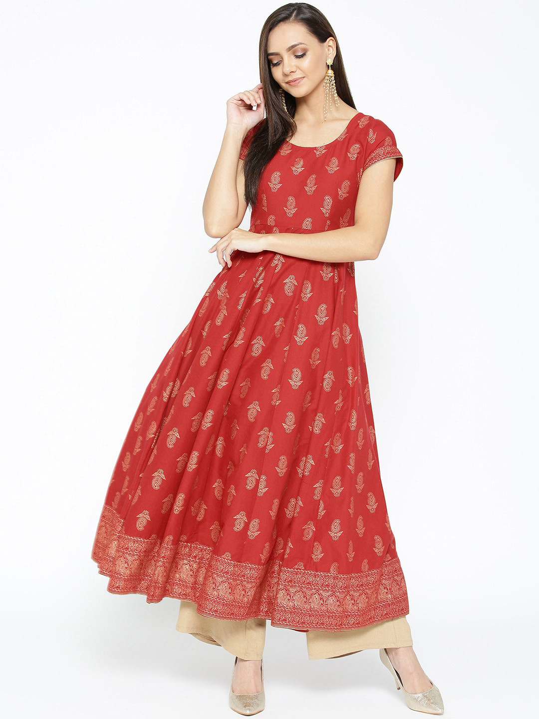 

Poshak Hub Ethnic Motifs Printed Cotton Calf Length Anarkali Kurta, Red