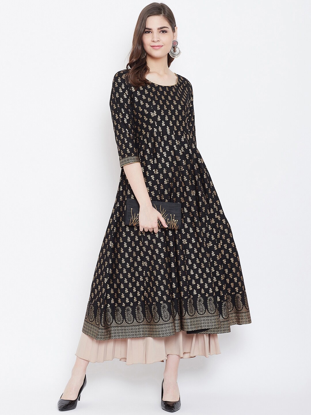 

Poshak Hub Ethnic Motif Printed Cotton Calf Length Anarkali Kurta, Black