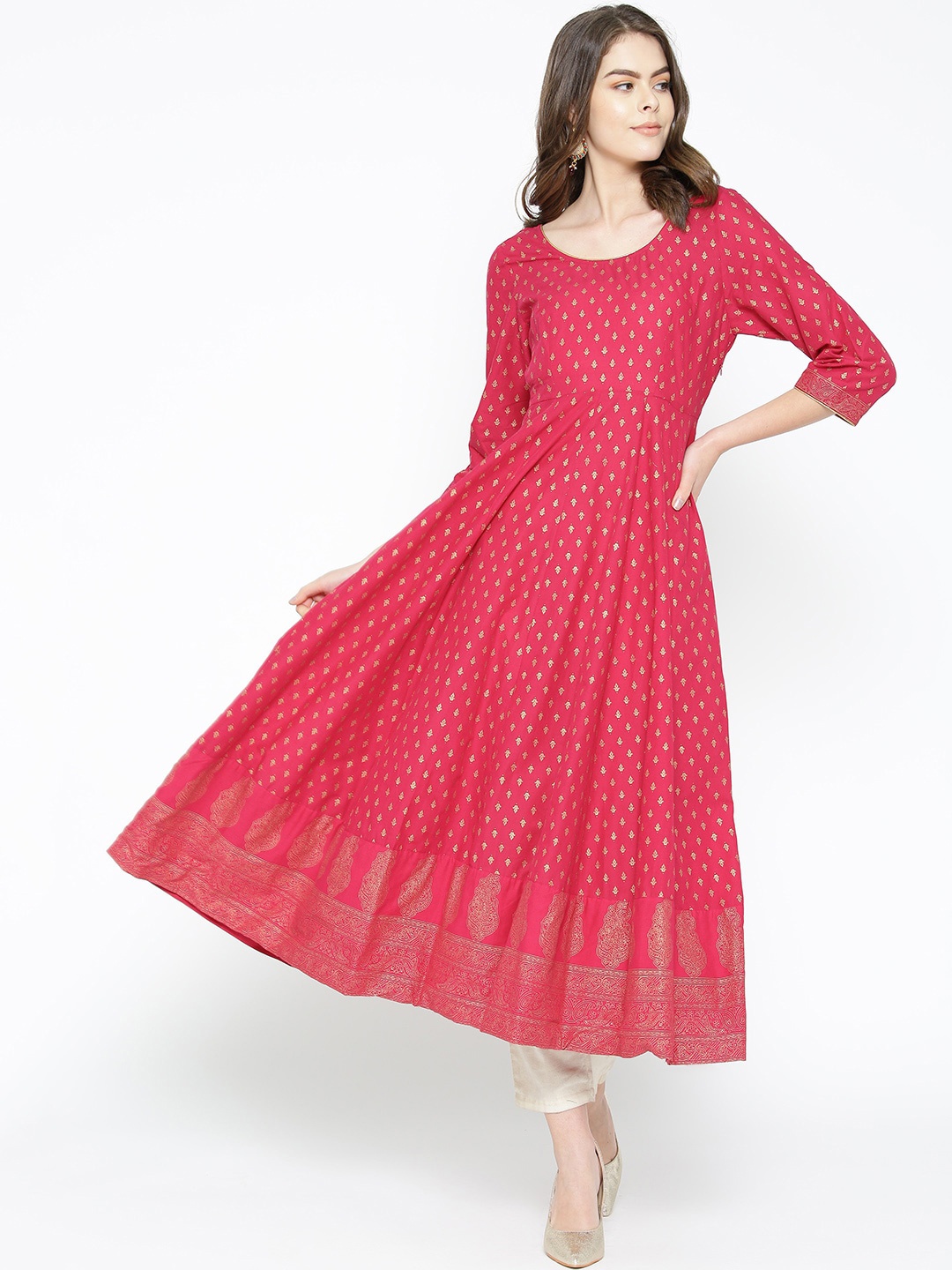 

Poshak Hub Ethnic Motifs Printed Cotton Calf Length Anarkali Kurta, Pink